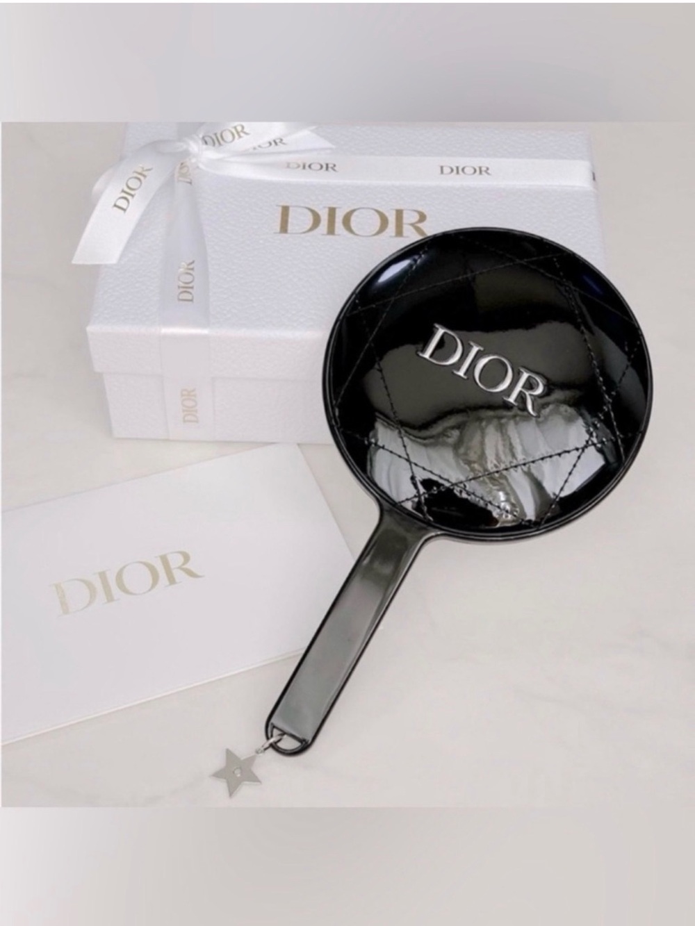 Dior Black Quilted Patent Leather Hand Mirror with Star Charm